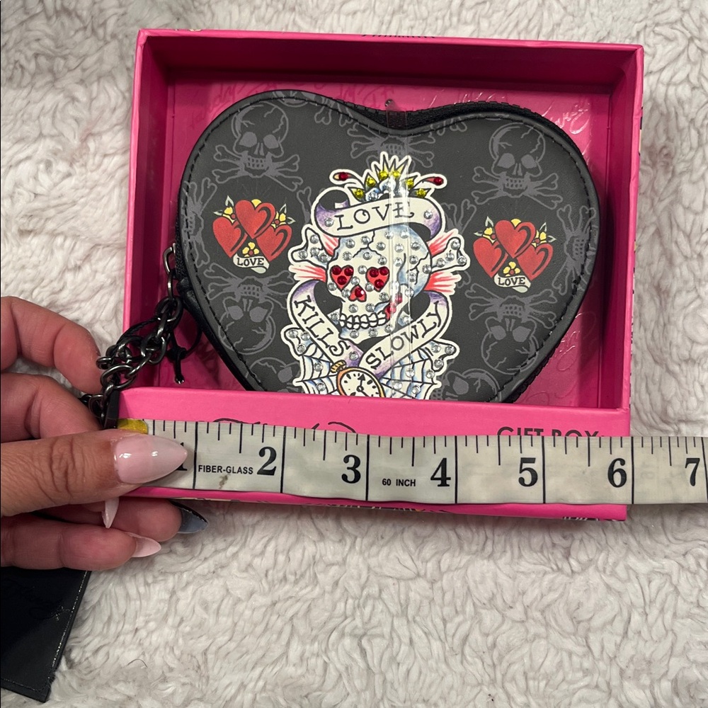 Ed Hardy Black Floral Skull Satchel Bag & gift box heart coin purse wristlet NWT - Picture 6 of 7